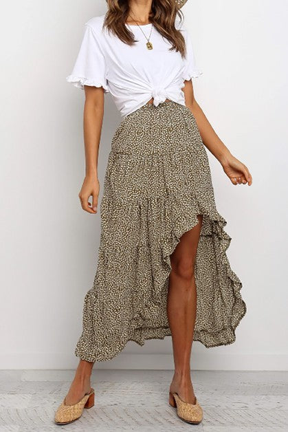 Boho Floral Print Midi Skirt Casual Side Slit Skirt-Boho Floral Print Midi Skirt in warm fall tones with side slit. A versatile, flowy polyester skirt perfect for casual bohemian chic everyday outfits.-Reef Love