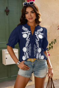Boho Puff Sleeve Button Down Shirt-Bring a touch of boho charm to your wardrobe with this V-neck button-down shirt, featuring puff short sleeves and a breezy cotton construction. 