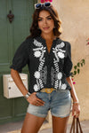 Boho Puff Sleeve Button Down Shirt-Bring a touch of boho charm to your wardrobe with this V-neck button-down shirt, featuring puff short sleeves and a breezy cotton construction. 