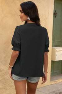 Boho Puff Sleeve Button Down Shirt-Bring a touch of boho charm to your wardrobe with this V-neck button-down shirt, featuring puff short sleeves and a breezy cotton construction. 