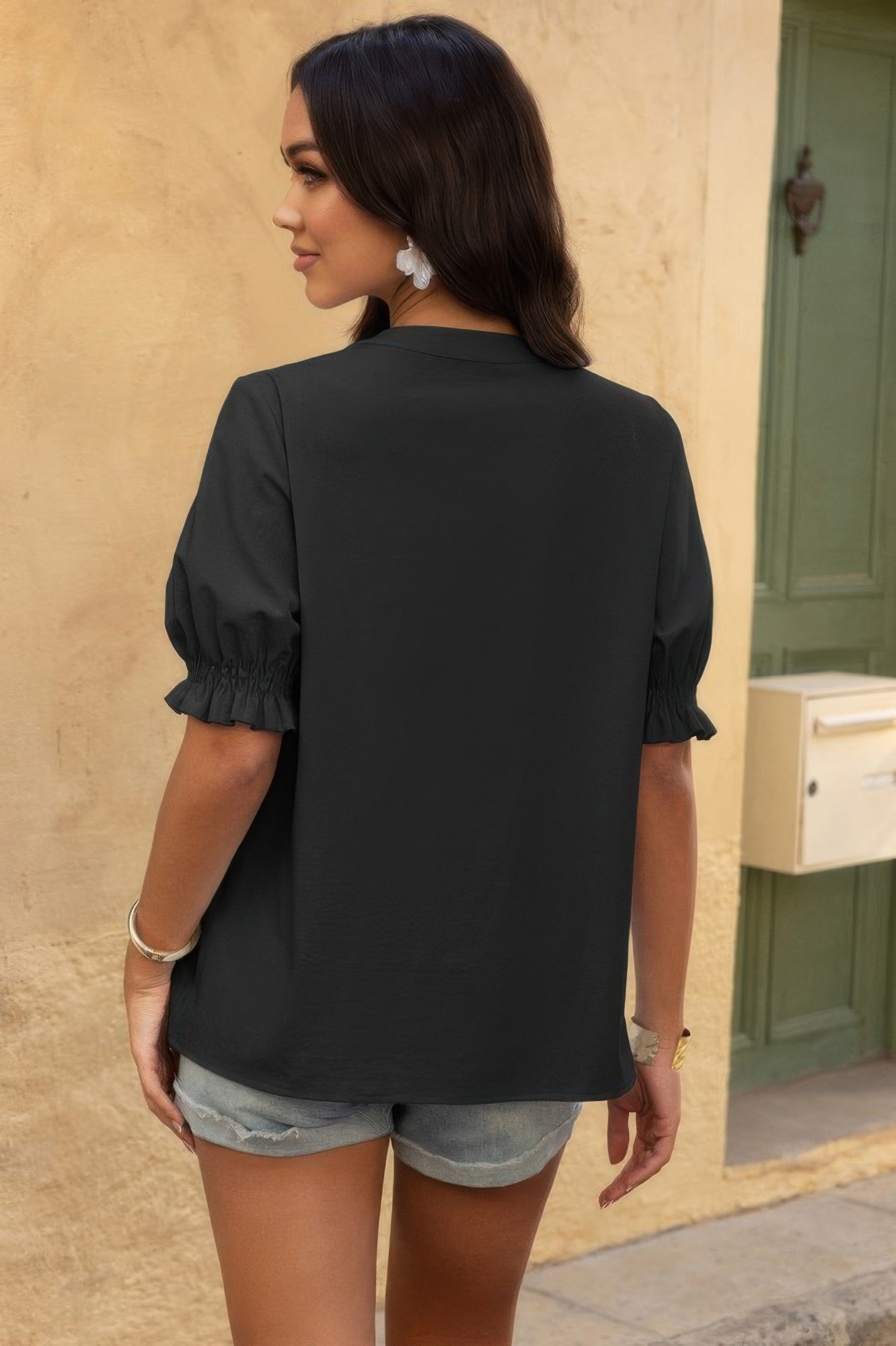 Boho Puff Sleeve Button Down Shirt-Bring a touch of boho charm to your wardrobe with this V-neck button-down shirt, featuring puff short sleeves and a breezy cotton construction. 