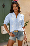 Boho Puff Sleeve Button Down Shirt-Bring a touch of boho charm to your wardrobe with this V-neck button-down shirt, featuring puff short sleeves and a breezy cotton construction. 