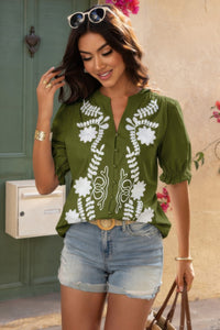 Boho Puff Sleeve Button Down Shirt-Bring a touch of boho charm to your wardrobe with this V-neck button-down shirt, featuring puff short sleeves and a breezy cotton construction. 