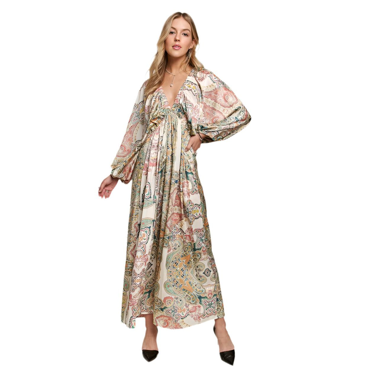 Isla Boho Printed V-Neck Batwing Sleeve Dress by ADORA-The Printed Batwing Sleeve Dress is a stylish and chic addition to your wardrobe. With flowy batwing sleeves, this dress offers a relaxed yet elegant look. -Reef Love Boho-Chic Boutique