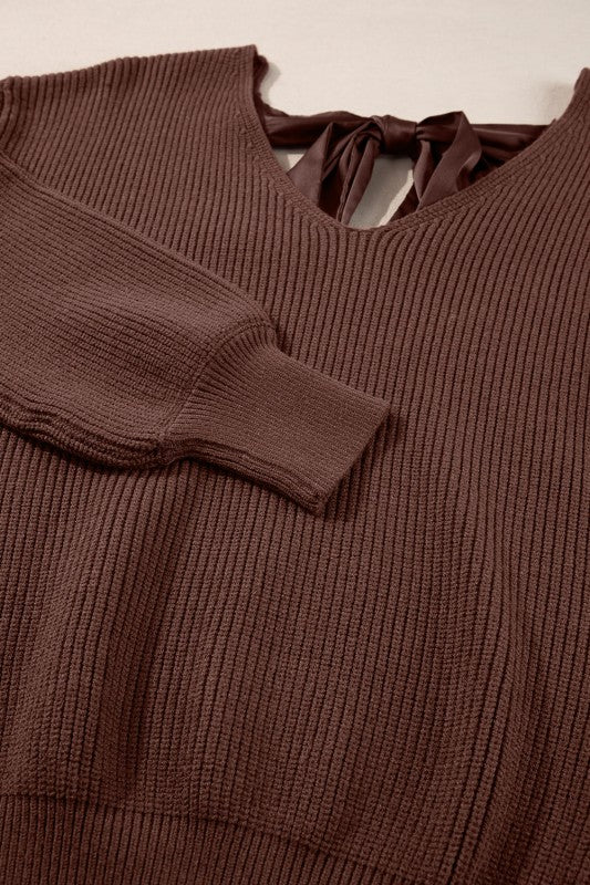 Bow Back Lantern Sleeve V-Neck Sweater-Reef Love