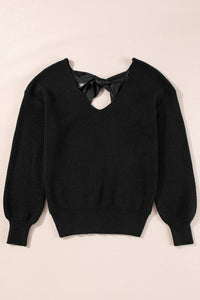 Bow Back Lantern Sleeve V-Neck Sweater-Reef Love