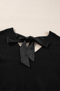 Bow Back Lantern Sleeve V-Neck Sweater-Reef Love