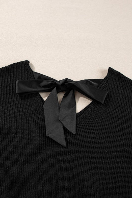 Bow Back Lantern Sleeve V-Neck Sweater-Reef Love