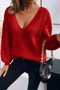 Bow Back Lantern Sleeve V-Neck Sweater-Reef Love