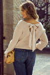 Bow Back Lantern Sleeve V-Neck Sweater-Reef Love