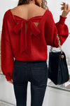 Bow Back Lantern Sleeve V-Neck Sweater-Reef Love