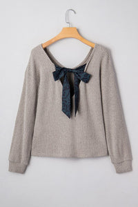 Bow Back Ribbed Knit V-Neck Drop Shoulder Top- Boho Chic Styles by Reef Love