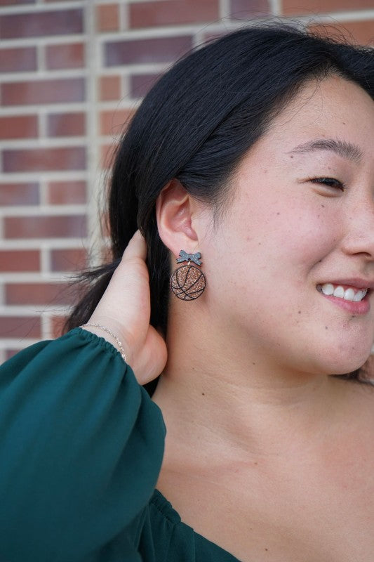 Bow Basketball Earrings-Dribble into game day style with our Game Day Bow Basketball Earrings - Whether you're courtside, couch-side, or just in it for the buzzer-beater drama.