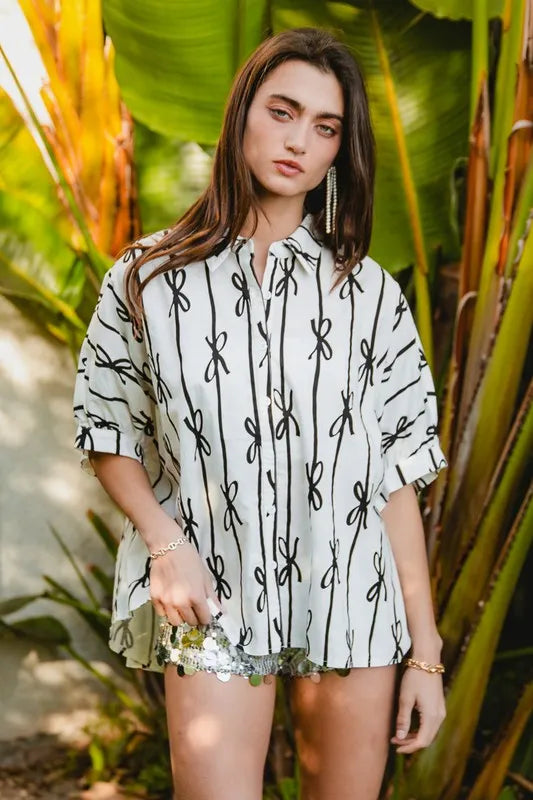Bow Ribbon Woven Printed Button Down Shirt-Reef Love