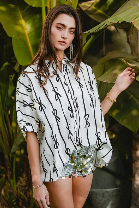 Bow Ribbon Woven Printed Button Down Shirt-Reef Love