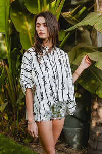 Bow Ribbon Woven Printed Button Down Shirt-Reef Love