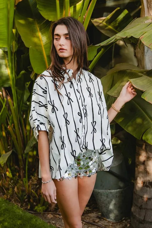 Bow Ribbon Woven Printed Button Down Shirt-Reef Love