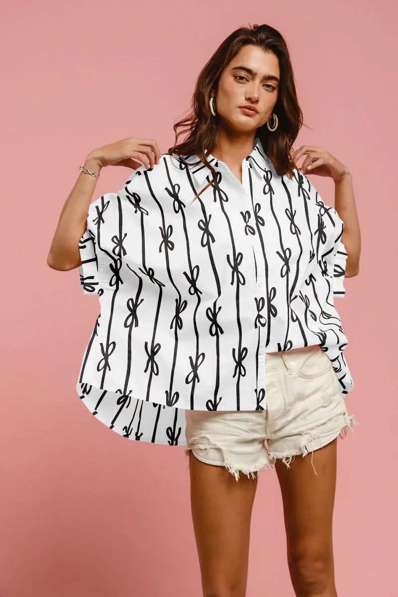 Bow Ribbon Woven Printed Button Down Shirt-Reef Love