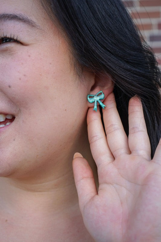 Bow Stud Earrings- Green Shimmer