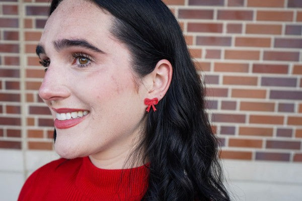 Bow Stud Earrings - Red Shimmer