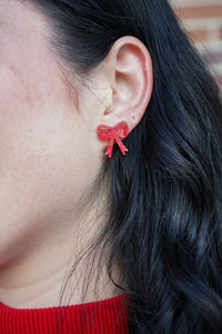 Bow Stud Earrings - Red Shimmer