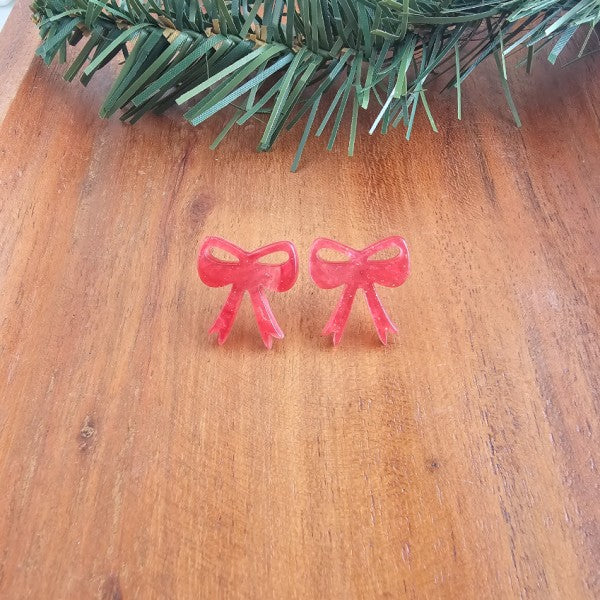 Bow Stud Earrings - Red Shimmer