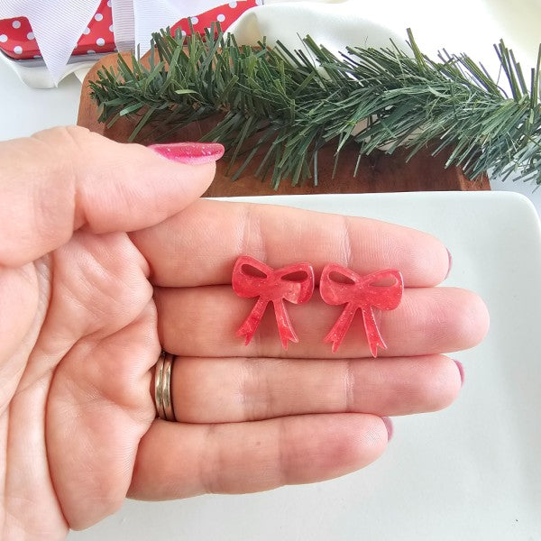Bow Stud Earrings - Red Shimmer