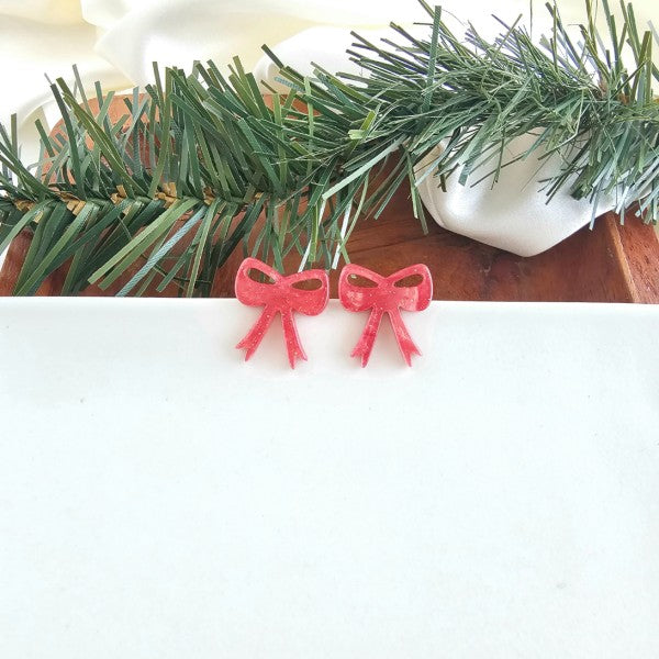 Bow Stud Earrings - Red Shimmer