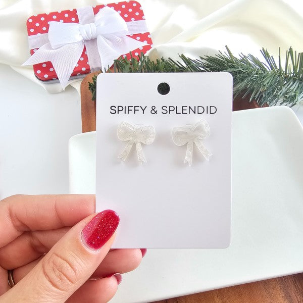Bow Stud Earrings - White Shimmer