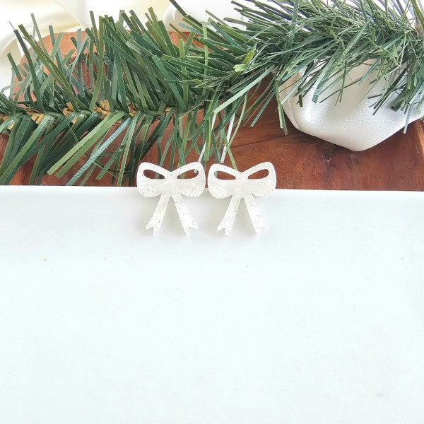 Bow Stud Earrings - White Shimmer