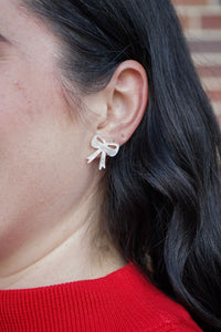 Bow Stud Earrings - White Shimmer