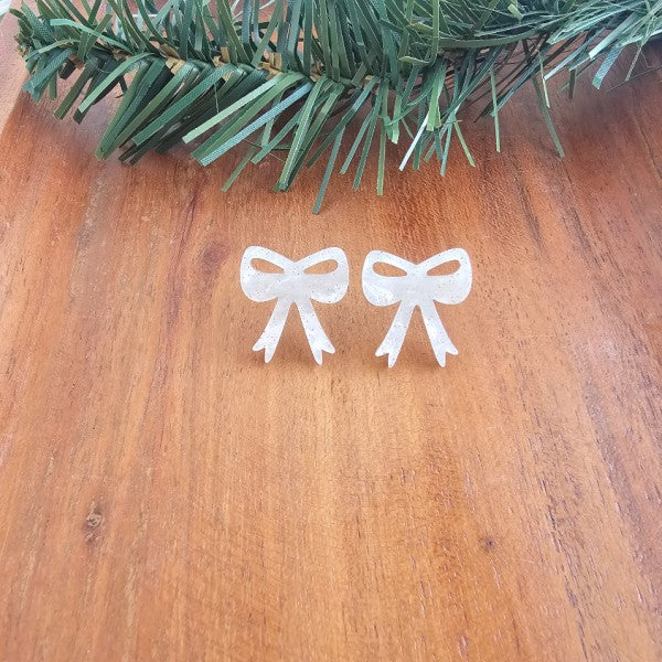 Bow Stud Earrings - White Shimmer