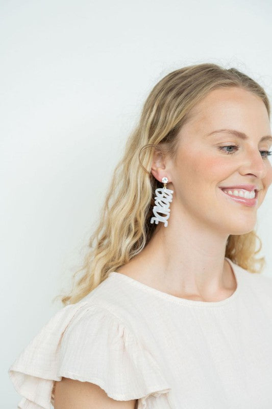 Shop Bride Earrings-Celebrate the bride-to-be with lightweight acrylic Bride earrings featuring zircon studs and gold-plated brass. Perfect for showers, photos, and parties.-available at Reef Love online boho-chic boutique