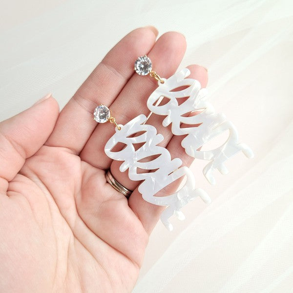 Shop Bride Earrings-Celebrate the bride-to-be with lightweight acrylic Bride earrings featuring zircon studs and gold-plated brass. Perfect for showers, photos, and parties.-available at Reef Love online boho-chic boutique