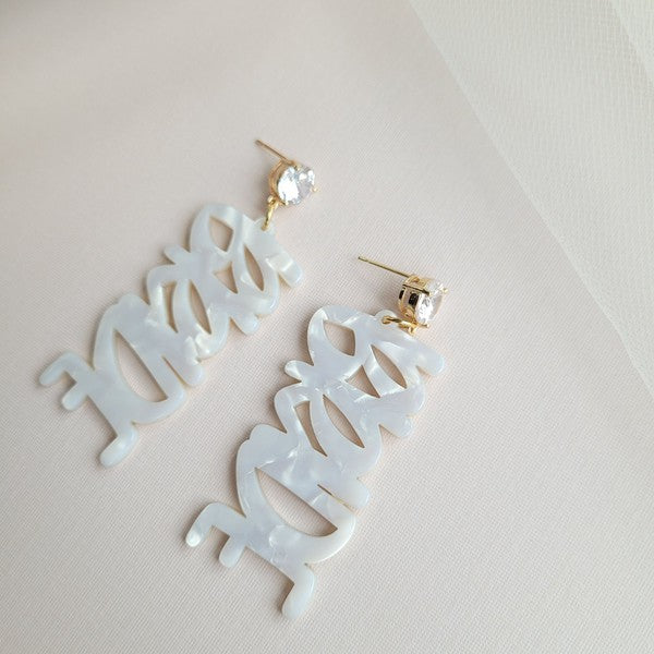 Shop Bride Earrings-Celebrate the bride-to-be with lightweight acrylic Bride earrings featuring zircon studs and gold-plated brass. Perfect for showers, photos, and parties.-available at Reef Love online boho-chic boutique