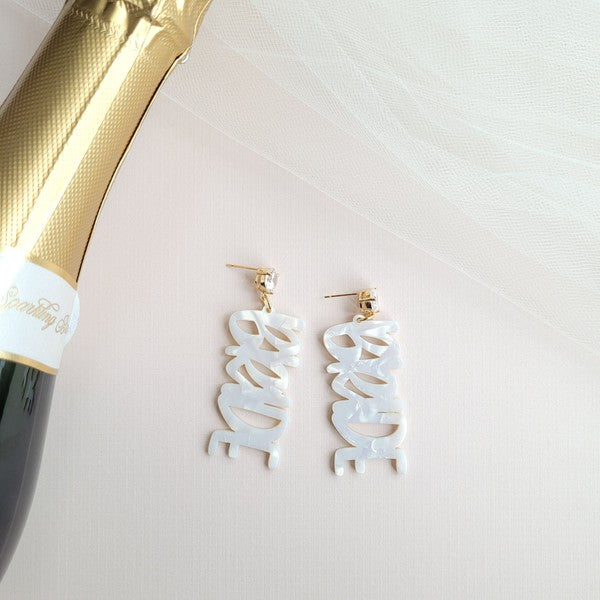 Shop Bride Earrings-Celebrate the bride-to-be with lightweight acrylic Bride earrings featuring zircon studs and gold-plated brass. Perfect for showers, photos, and parties.-available at Reef Love online boho-chic boutique
