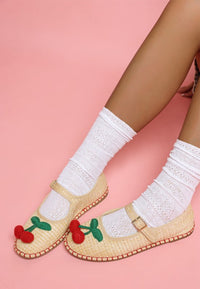 Cherry Accent Mary Jane Flats-Charming raffia Mary Jane flats with cherry accent, buckle strap, and cushioned insoles.