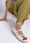 Cherry Accent Mary Jane Flats-Charming raffia Mary Jane flats with cherry accent, buckle strap, and cushioned insoles.