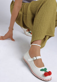 Cherry Accent Mary Jane Flats-Charming raffia Mary Jane flats with cherry accent, buckle strap, and cushioned insoles.