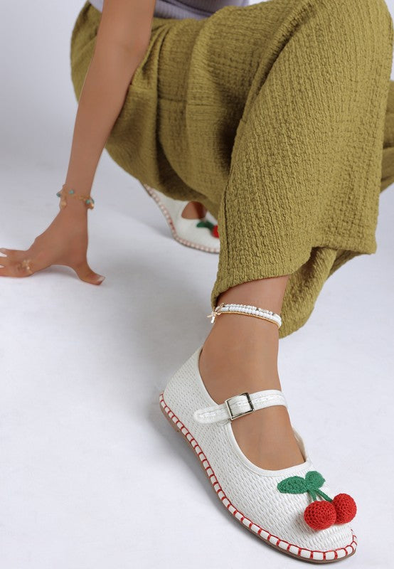 Cherry Accent Mary Jane Flats-Charming raffia Mary Jane flats with cherry accent, buckle strap, and cushioned insoles.