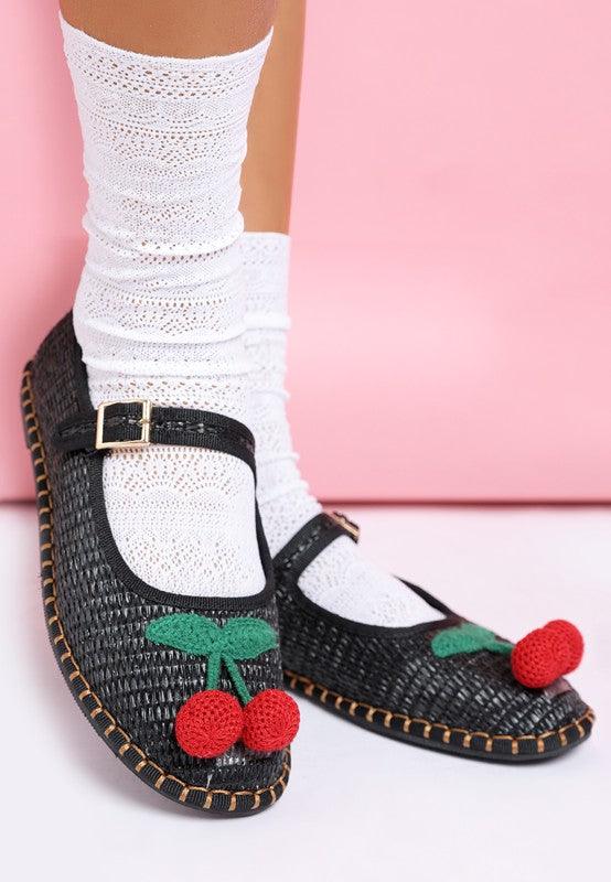 Cherry Accent Mary Jane Flats-Charming raffia Mary Jane flats with cherry accent, buckle strap, and cushioned insoles.