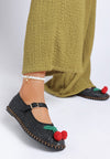Cherry Accent Mary Jane Flats-Charming raffia Mary Jane flats with cherry accent, buckle strap, and cushioned insoles.