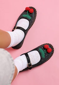 Cherry Accent Mary Jane Flats-Charming raffia Mary Jane flats with cherry accent, buckle strap, and cushioned insoles.