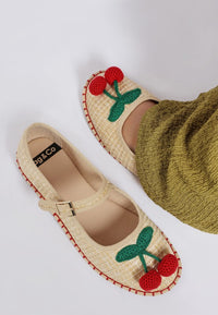 Cherry Accent Mary Jane Flats-Charming raffia Mary Jane flats with cherry accent, buckle strap, and cushioned insoles.