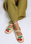 Cherry Accent Mary Jane Flats-Charming raffia Mary Jane flats with cherry accent, buckle strap, and cushioned insoles.