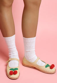 Cherry Accent Mary Jane Flats-Charming raffia Mary Jane flats with cherry accent, buckle strap, and cushioned insoles.