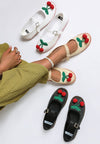 Cherry Accent Mary Jane Flats-Charming raffia Mary Jane flats with cherry accent, buckle strap, and cushioned insoles.