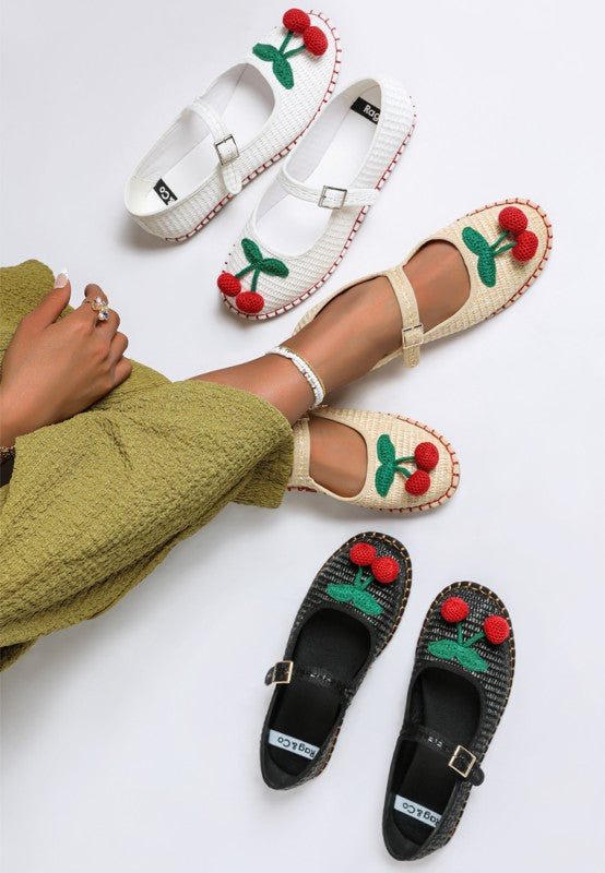 Cherry Accent Mary Jane Flats-Charming raffia Mary Jane flats with cherry accent, buckle strap, and cushioned insoles.