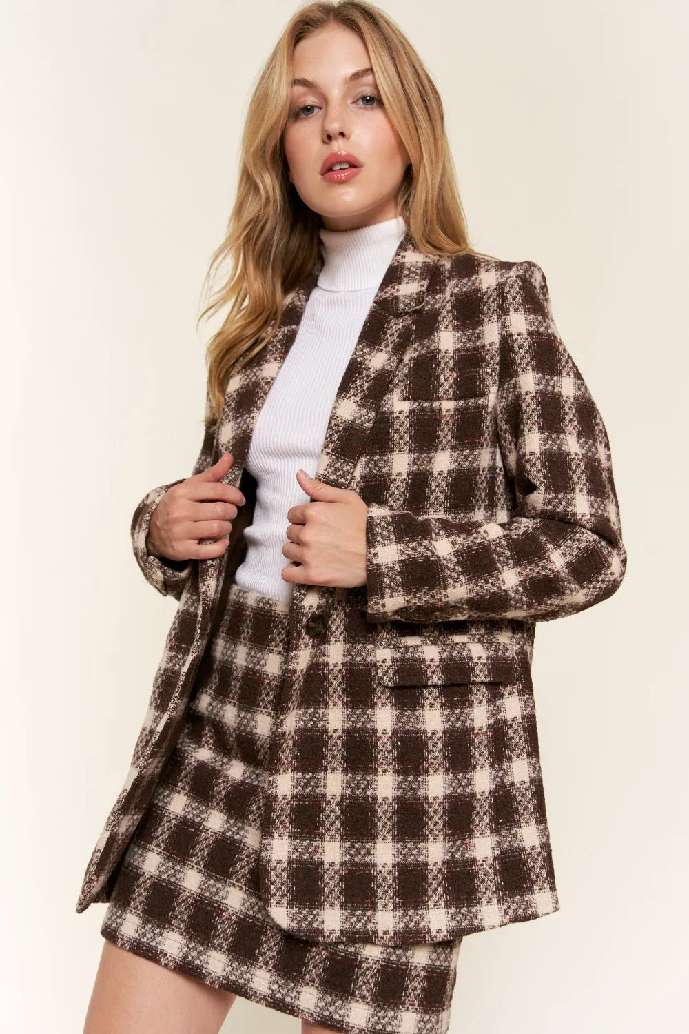 Brushed Plaid One Button Blazer-Blazer-Reef Love