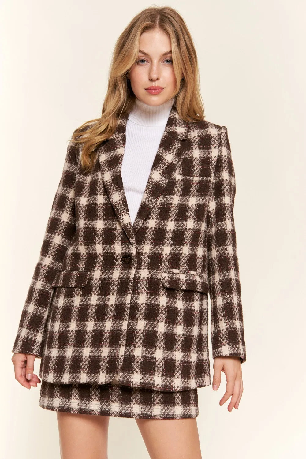 Brushed Plaid One Button Blazer-Blazer-Reef Love